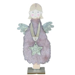 Houten engeltje met pluche roze